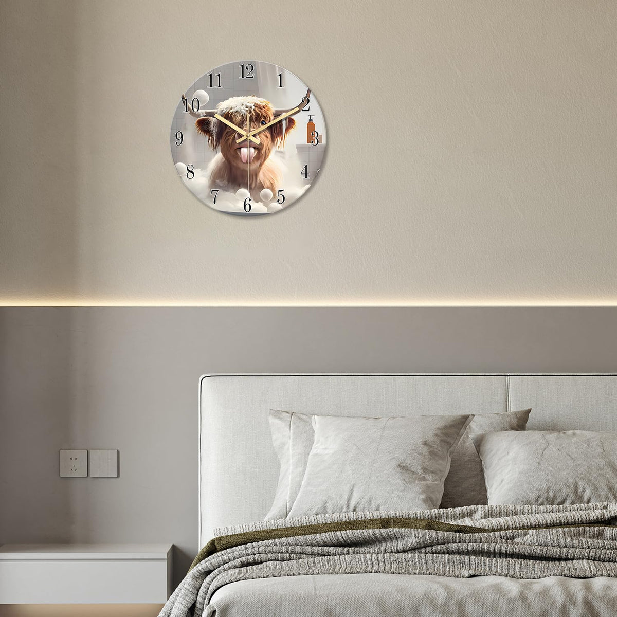 Rustic Brown Glass Wall Clocks Battery Operated 12 Inch Highland Cow Clock