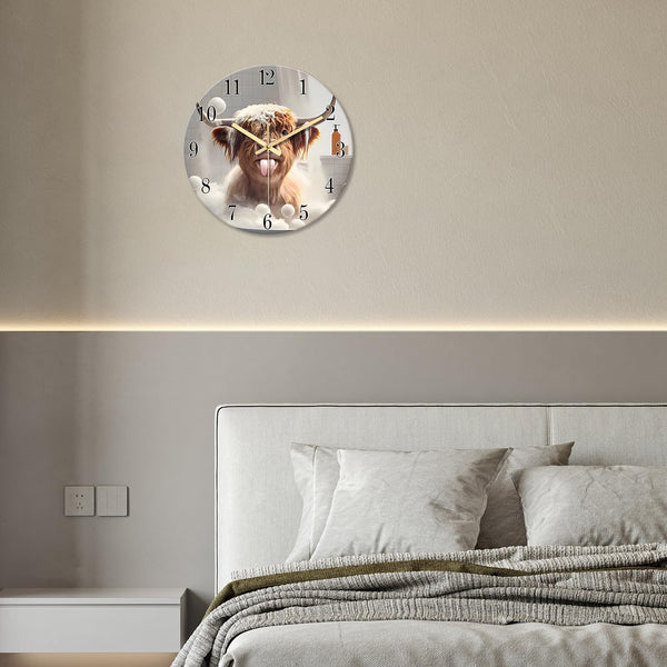 Rustic Brown Glass Wall Clocks Battery Operated 12 Inch Highland Cow Clock