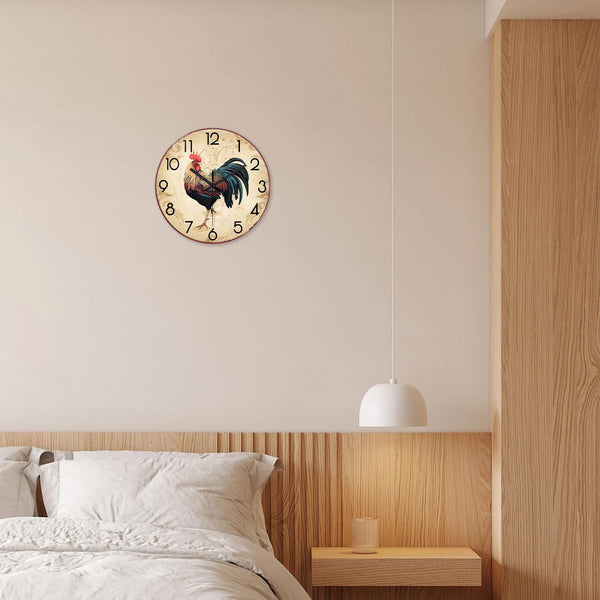 Round Rustic Wall Clocks for Kitchen Living Room Decor 12 Inch Glass Rooster Clock