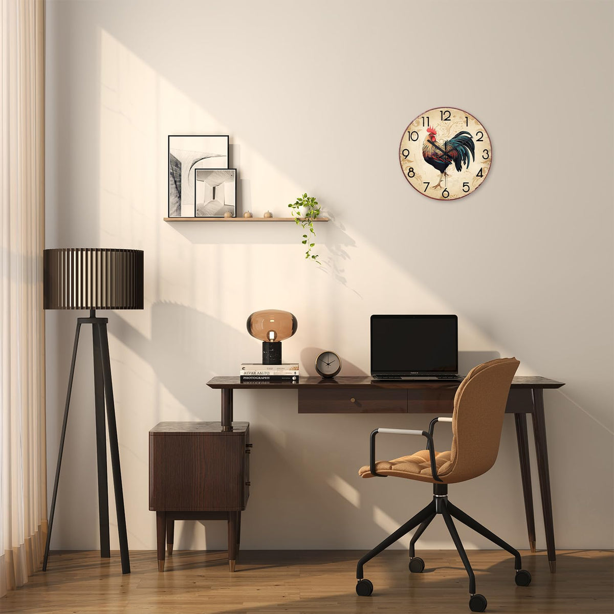 Round Rustic Wall Clocks for Kitchen Living Room Decor 12 Inch Glass Rooster Clock