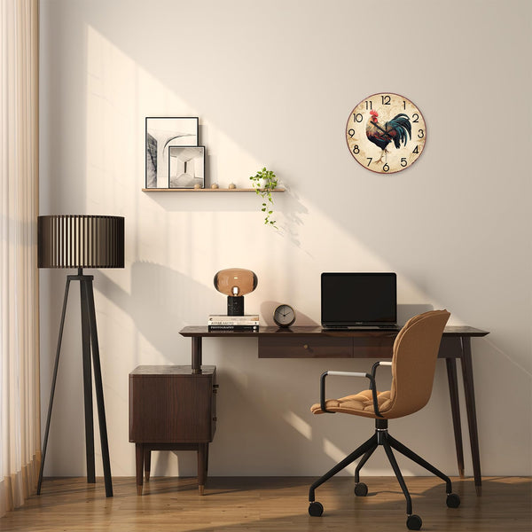 Round Rustic Wall Clocks for Kitchen Living Room Decor 12 Inch Glass Rooster Clock