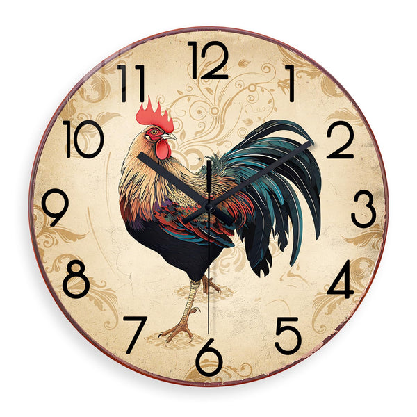 Round Rustic Wall Clocks for Kitchen Living Room Decor 12 Inch Glass Rooster Clock