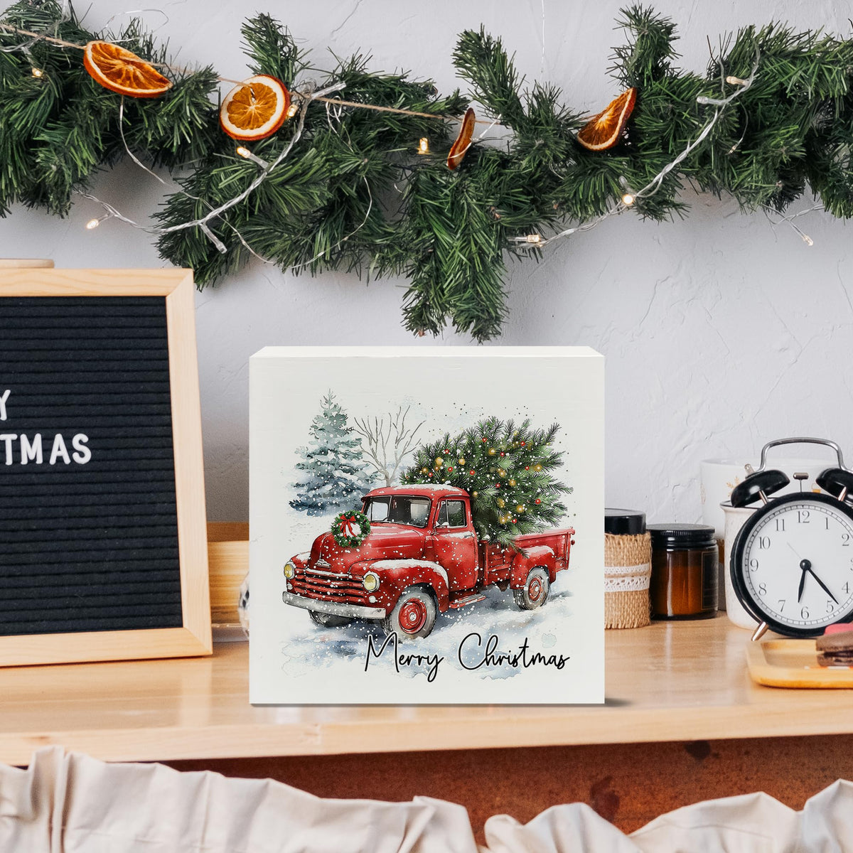 Merry Christmas Wooden Box Sign, Red Truck Christmas Decor, Farmhouse Snowy Xmas Tree Winter Landscape