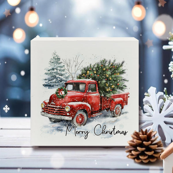 Merry Christmas Wooden Box Sign, Red Truck Christmas Decor, Farmhouse Snowy Xmas Tree Winter Landscape