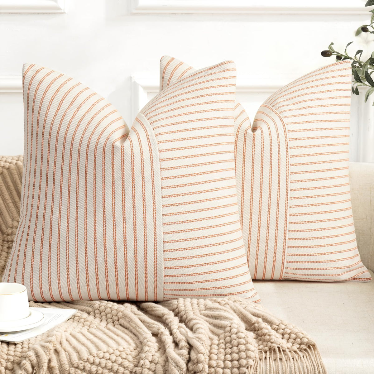 Fall Pillow Covers 18x18, Modern Accent Throw Pillow Covers Set of 2, Burnt Orange Striped Patchwork Linen Decorative Pillows