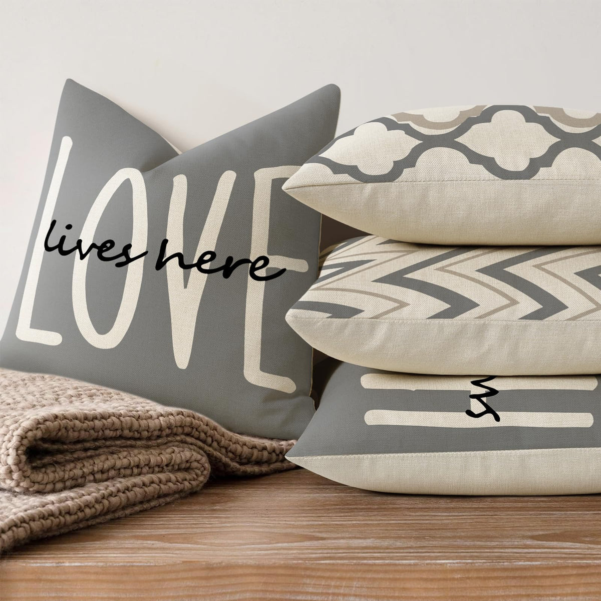 Farmhouse Throw Pillow Covers 18x18 Set of 4 Rustic Linen Square Decorative Cushion Covers