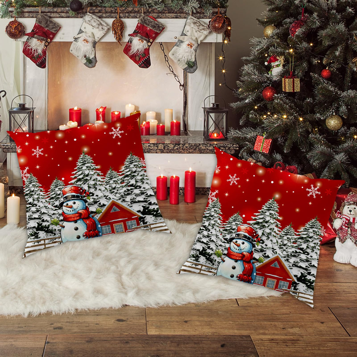 Christmas Decorations Throw Pillow Covers 18x18 Inch Set of 2, Red Xmas Zippered Cushion Decoration