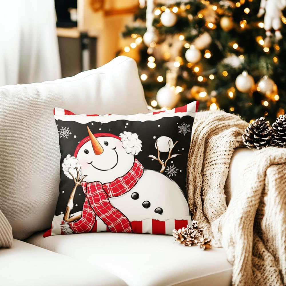 Snowman Christmas Throw Pillow Covers 18" x 18", Set of 4 Christmas Home Decor, Merry Xmas Pillow Cases