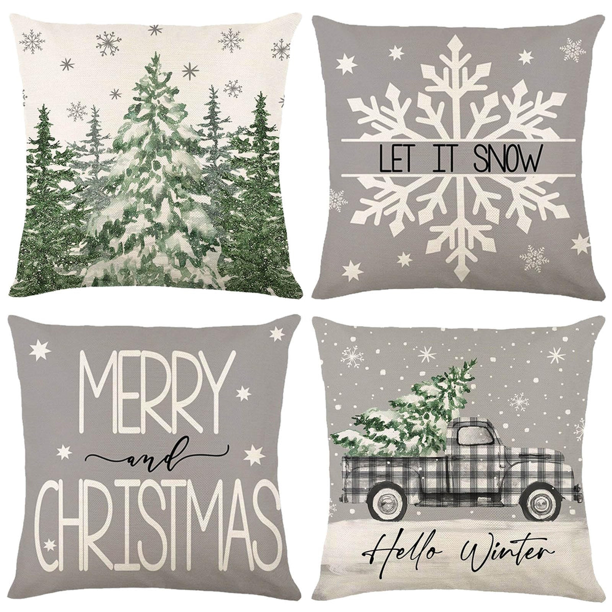 Grey Christmas Throw Pillow Covers 18" x 18", Set of 4 Christmas Home Decor, Merry Xmas