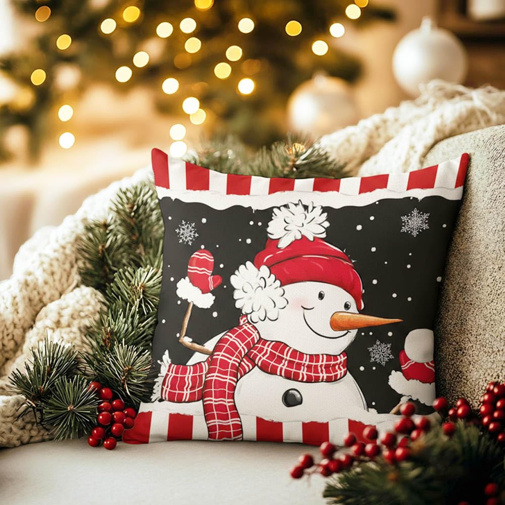 Snowman Christmas Throw Pillow Covers 18" x 18", Set of 4 Christmas Home Decor, Merry Xmas Pillow Cases