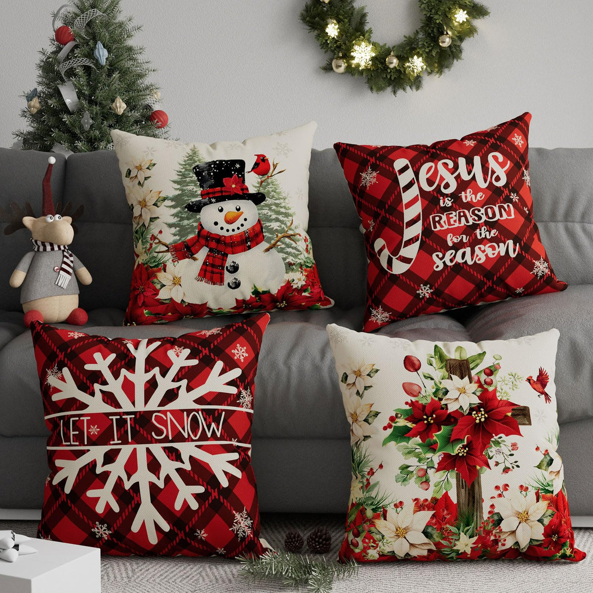 Winter Pillow Covers Cross Snowman Poinsettias Snowflakes Christmas Trees Throw Pillow Cases Set of 4