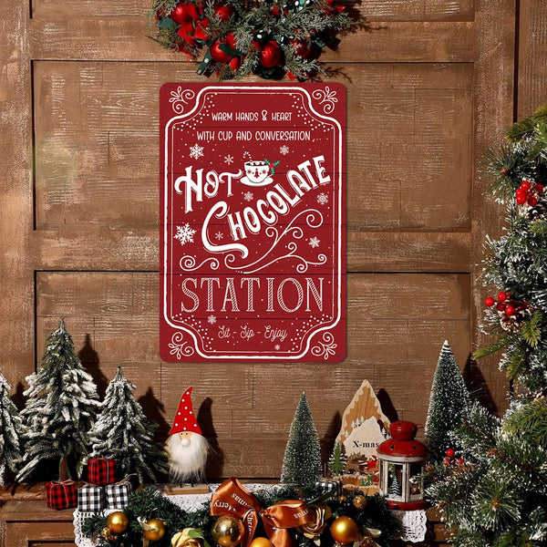 Vintage Christmas Wall Decor Sign - Christmas 8x12 Inch Metal Tin Sign Red Hot Cocoa