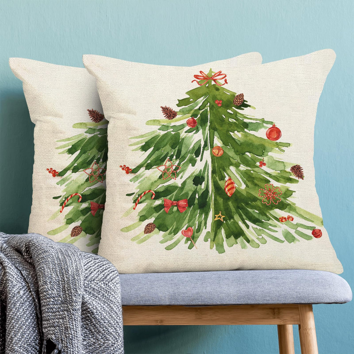 Watercolor Green Tree Pillow Covers 18x18 Inch Set of 2,Nature Forest Decorative