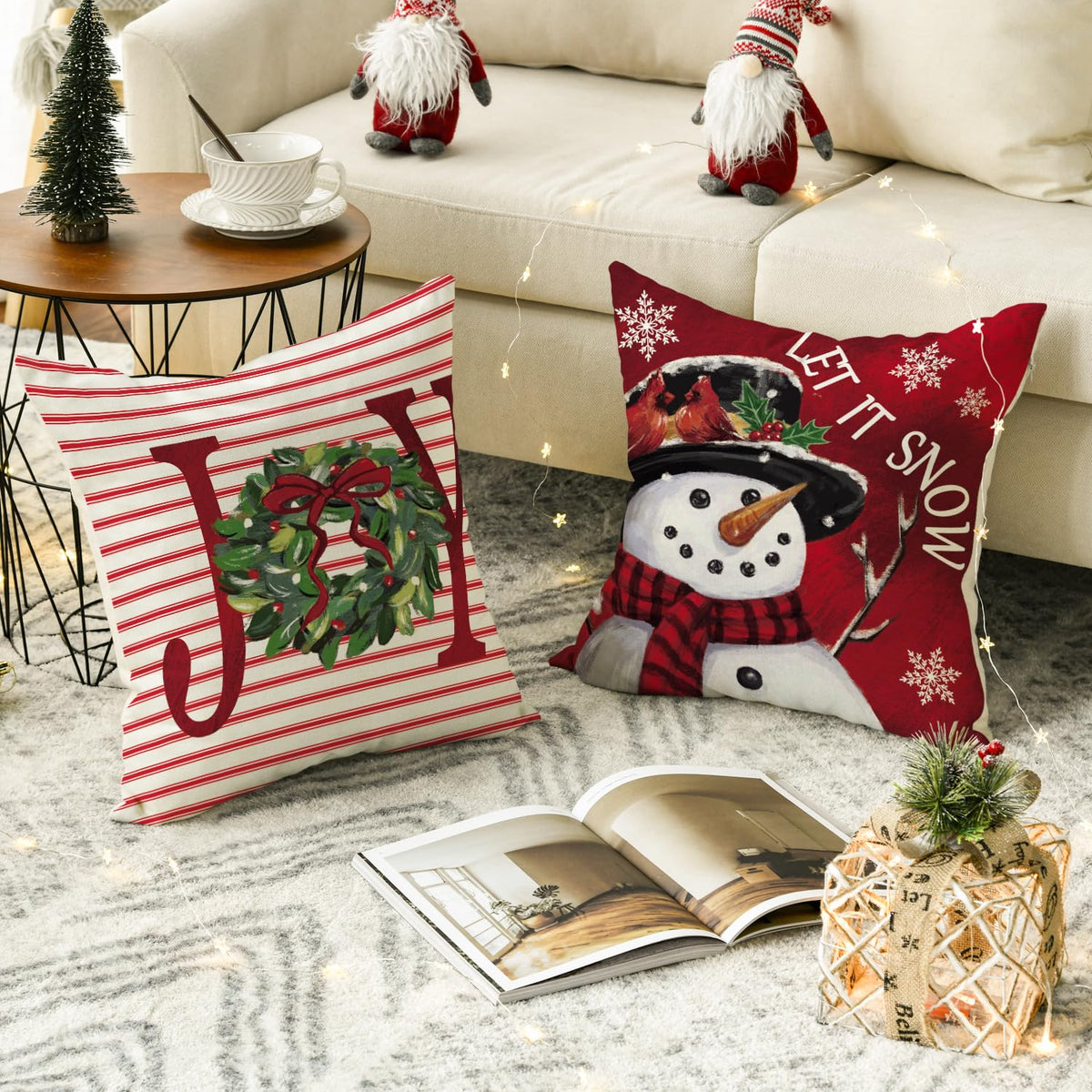 Merry Christmas Let It Snow Joy Stripes Gift Box Red Throw Pillow Covers, 18 x 18 Inch Xmas Tree Holiday Cushion Case