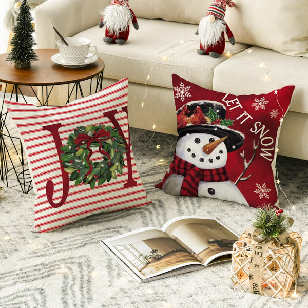 Merry Christmas Let It Snow Joy Stripes Gift Box Red Throw Pillow Covers, 18 x 18 Inch Xmas Tree Holiday Cushion Case