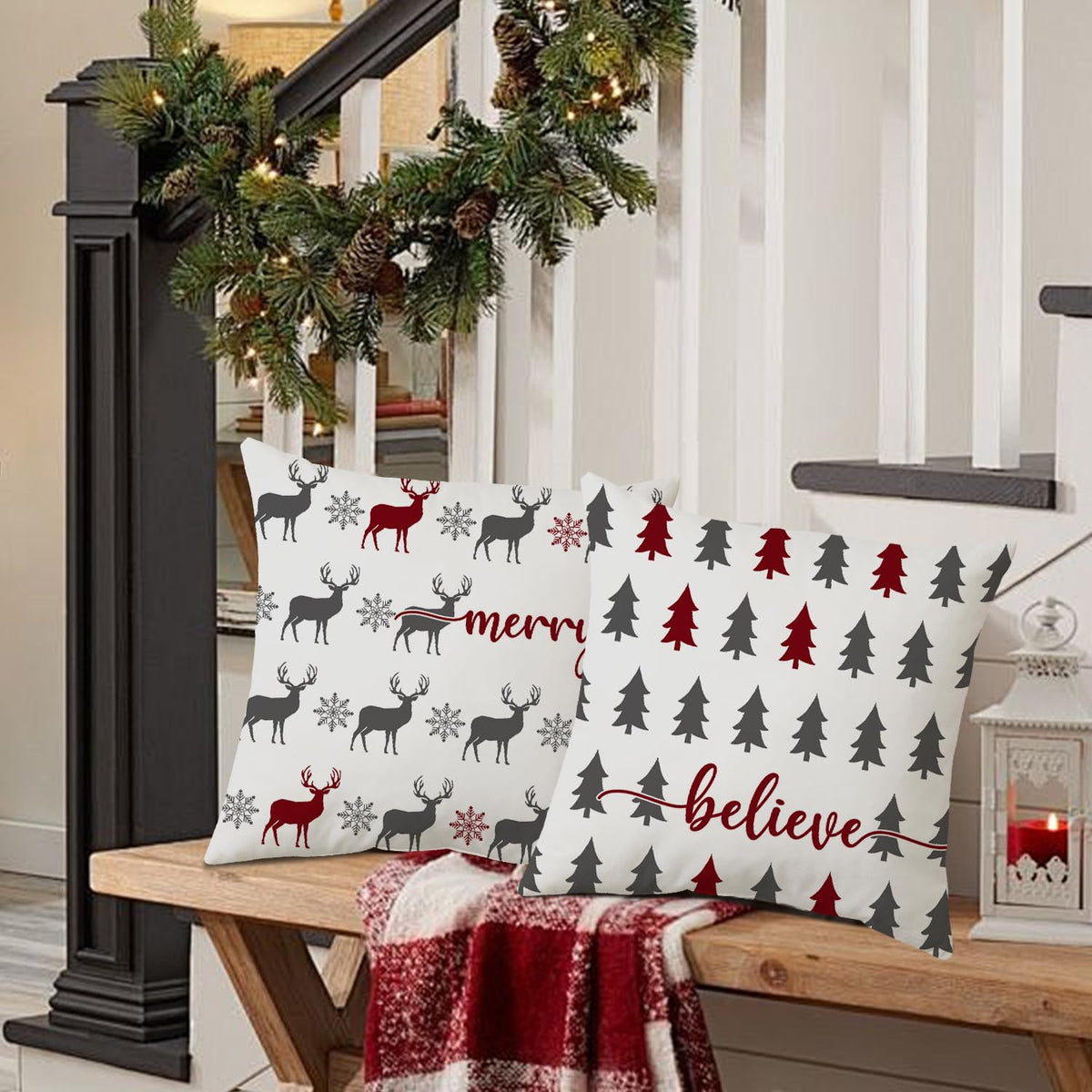 Christmas Pillow Covers 18x18 inch Set of 2, Farmhouse Xmas Trees Moose Believe Throw Pillow Covers