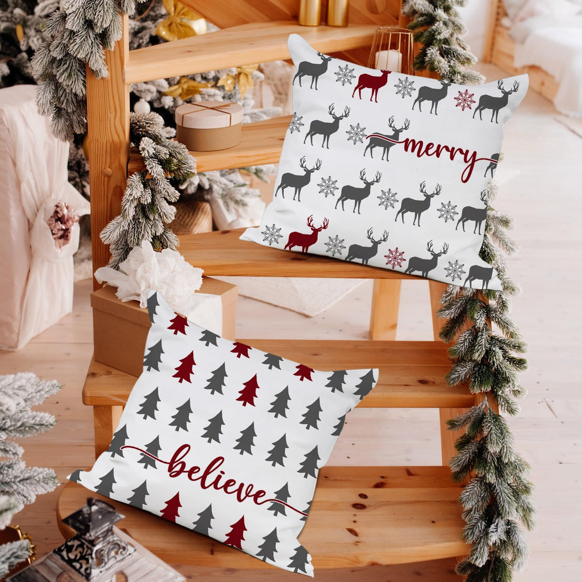 Christmas Pillow Covers 18x18 inch Set of 2, Farmhouse Xmas Trees Moose Believe Throw Pillow Covers