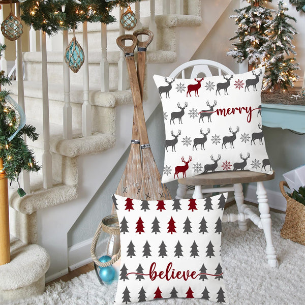 Christmas Pillow Covers 18x18 inch Set of 2, Farmhouse Xmas Trees Moose Believe Throw Pillow Covers