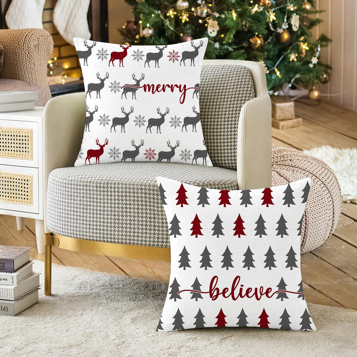 Christmas Pillow Covers 18x18 inch Set of 2, Farmhouse Xmas Trees Moose Believe Throw Pillow Covers