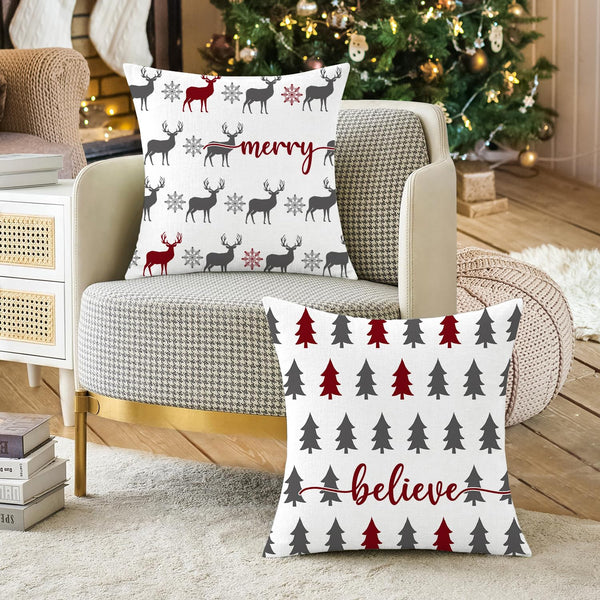 Christmas Pillow Covers 18x18 inch Set of 2, Farmhouse Xmas Trees Moose Believe Throw Pillow Covers