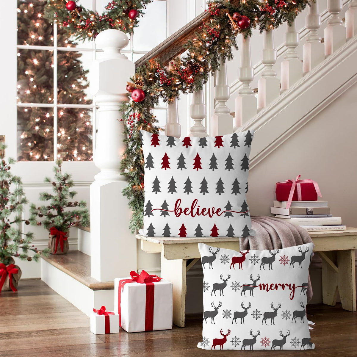 Christmas Pillow Covers 18x18 inch Set of 2, Farmhouse Xmas Trees Moose Believe Throw Pillow Covers