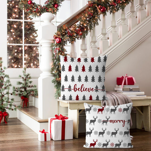 Christmas Pillow Covers 18x18 inch Set of 2, Farmhouse Xmas Trees Moose Believe Throw Pillow Covers