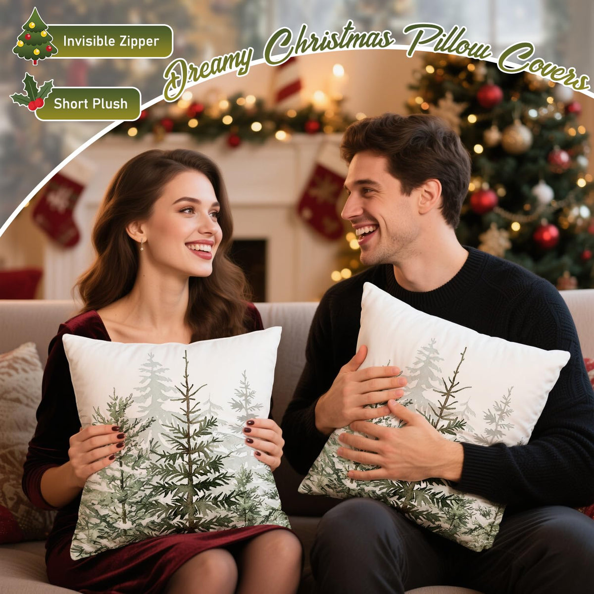 Christmas Tree Pillow Covers 18x18 Inch Set of 2 Green Christmas Rustic Decorative Throw Pillows Covers