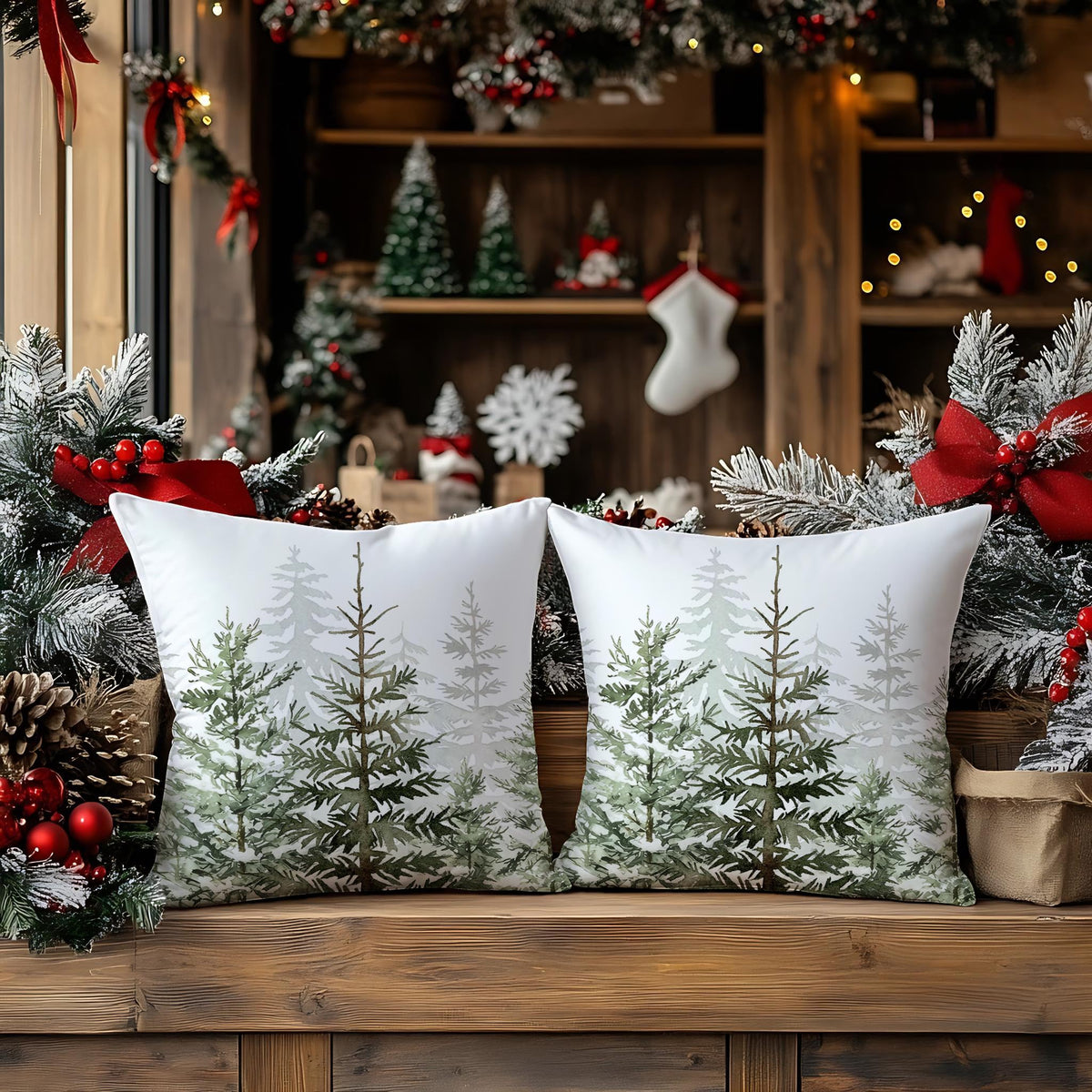 Christmas Tree Pillow Covers 18x18 Inch Set of 2 Green Christmas Rustic Decorative Throw Pillows Covers