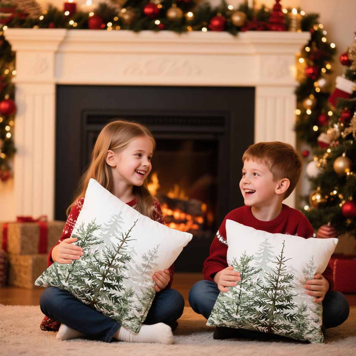 Christmas Tree Pillow Covers 18x18 Inch Set of 2 Green Christmas Rustic Decorative Throw Pillows Covers