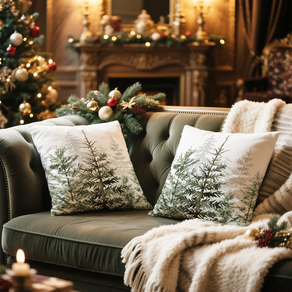 Christmas Tree Pillow Covers 18x18 Inch Set of 2 Green Christmas Rustic Decorative Throw Pillows Covers