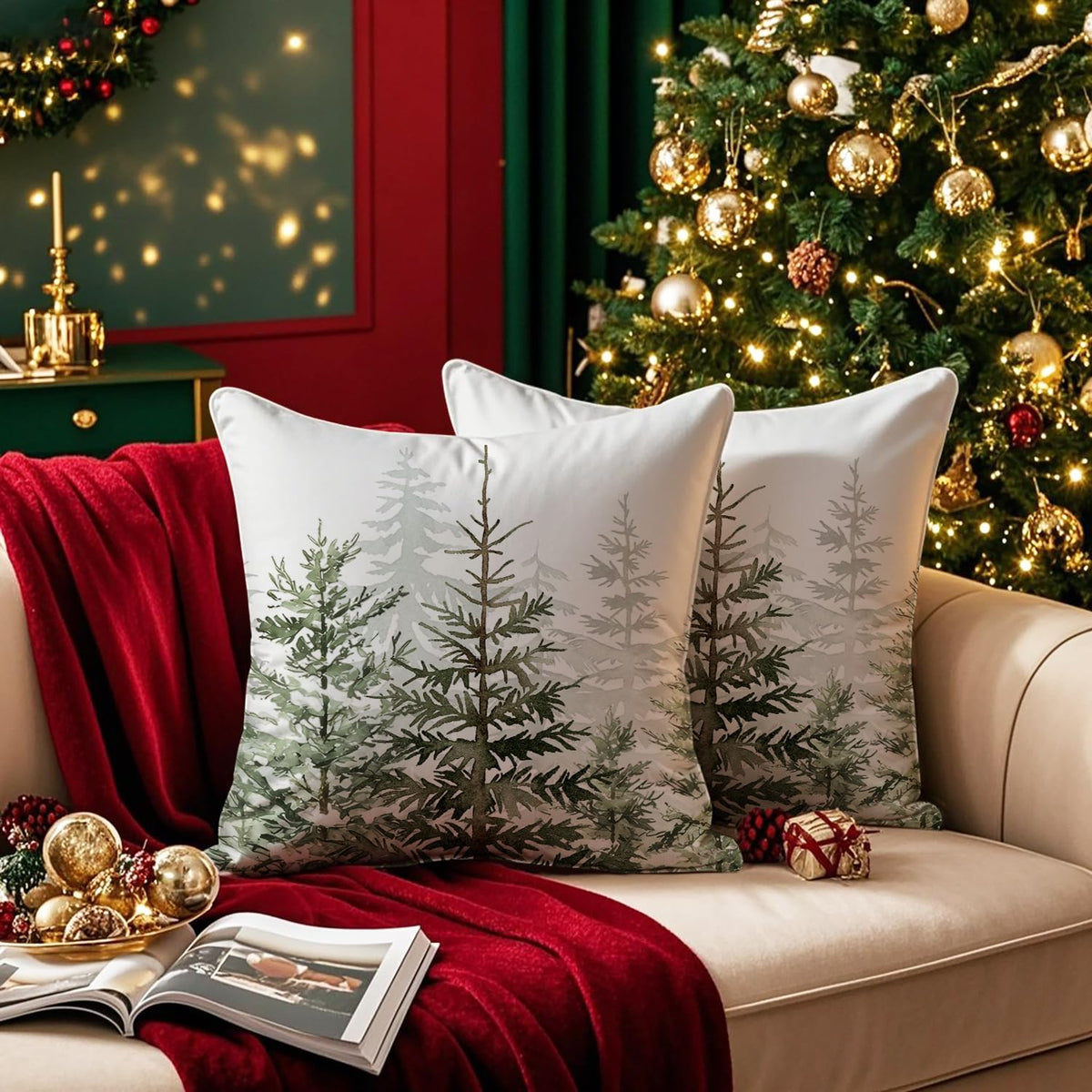 Christmas Tree Pillow Covers 18x18 Inch Set of 2 Green Christmas Rustic Decorative Throw Pillows Covers