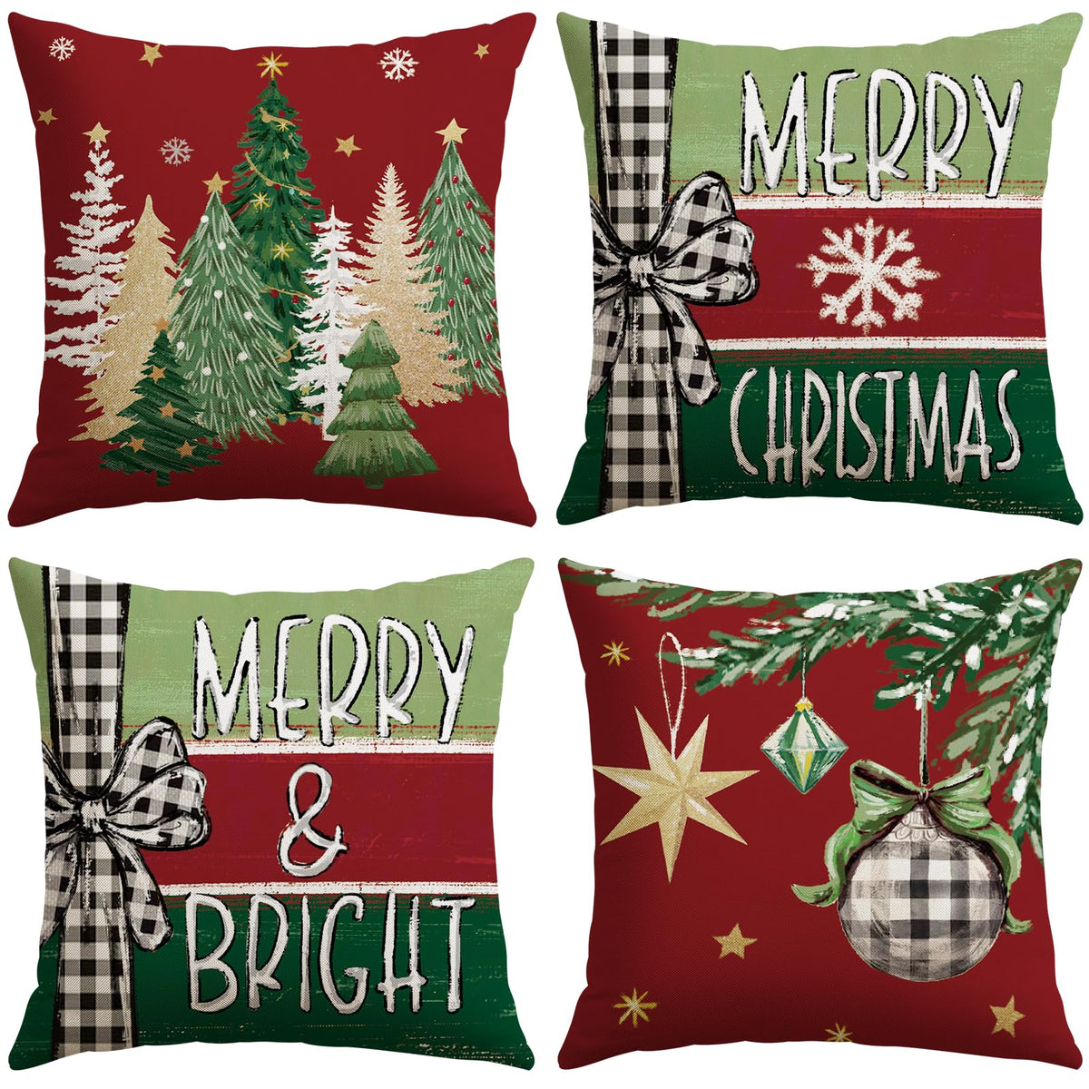Set of 4 Christmas Throw Pillow Covers 18x18 Inch, Merry Christmas Bright Xmas Tree Ball Winter-Red