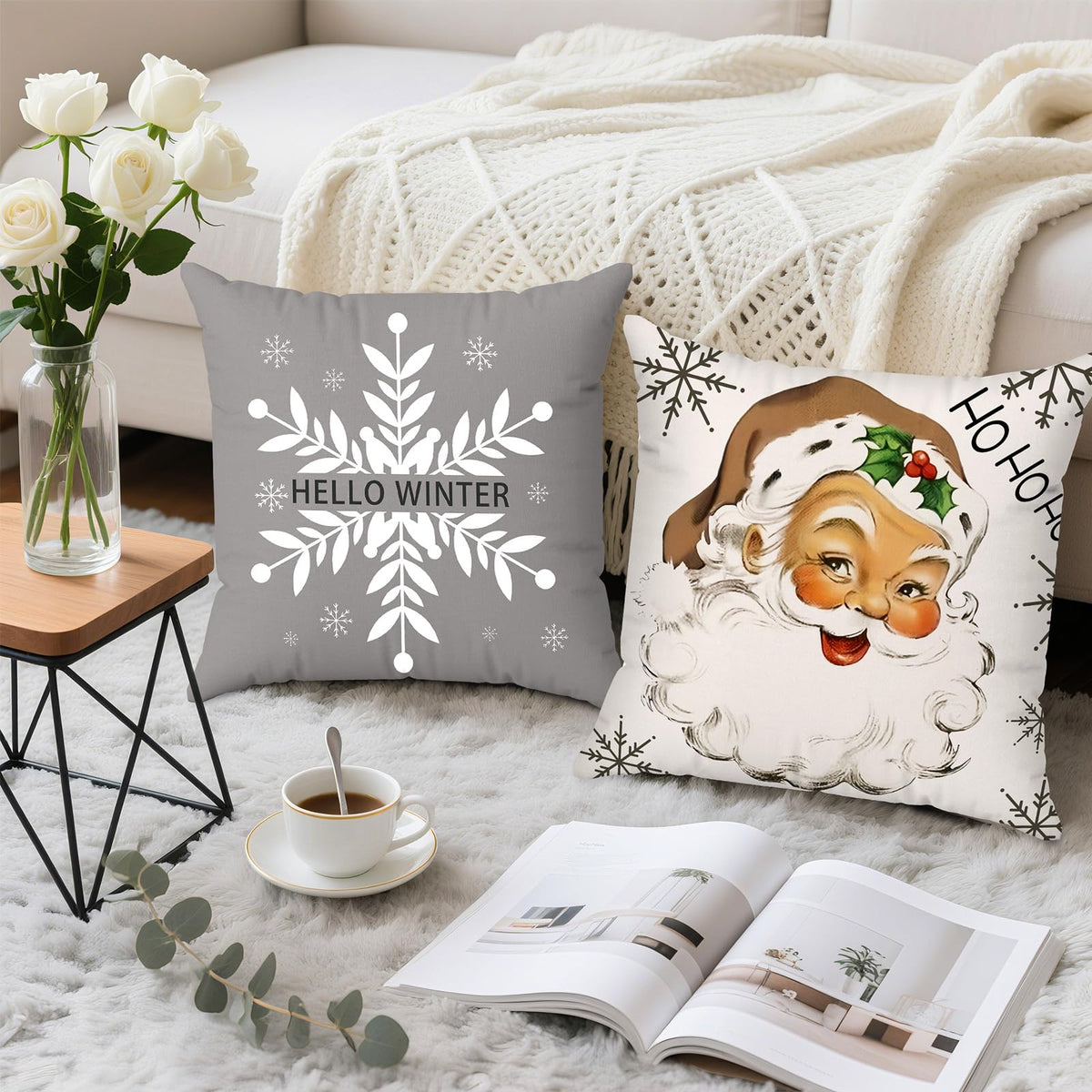 Brightown Grey Christmas Pillow Covers 18x18 Set of 4, Super Soft Polyester Fabric, Santa Car