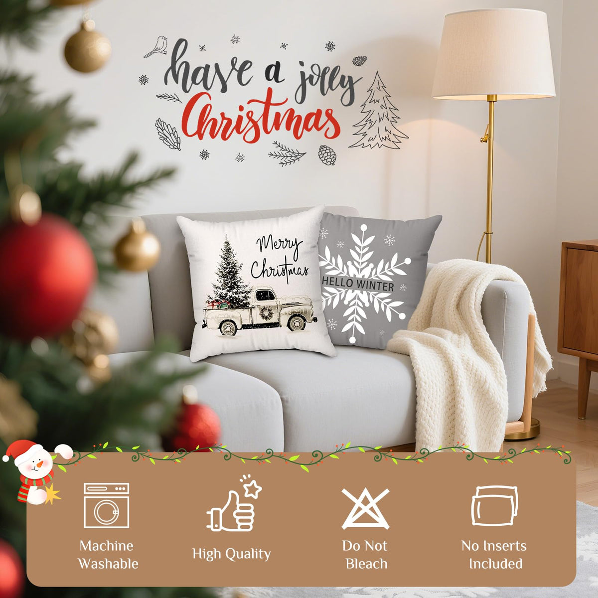 Brightown Grey Christmas Pillow Covers 18x18 Set of 4, Super Soft Polyester Fabric, Santa Car