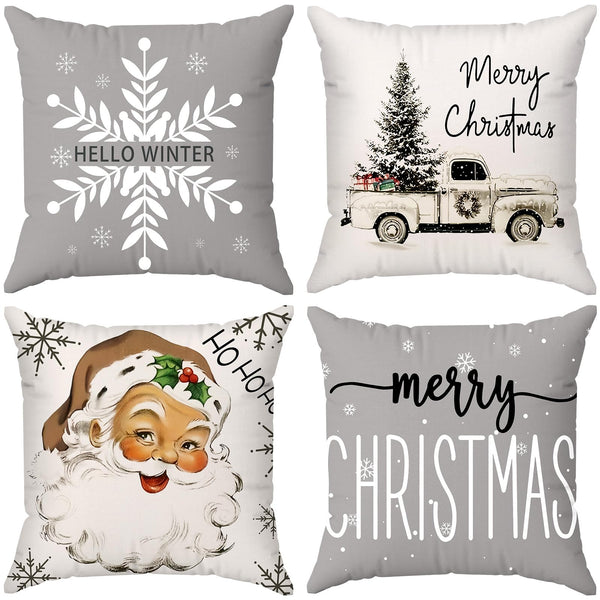 Brightown Grey Christmas Pillow Covers 18x18 Set of 4, Super Soft Polyester Fabric, Santa Car