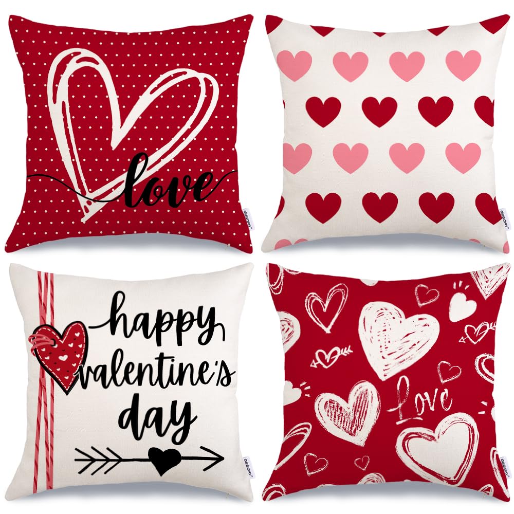 Happy Valentine's Day Love Throw Pillow Covers 18x18 Inch Set of 4, Hearts Polka Dots Decorative