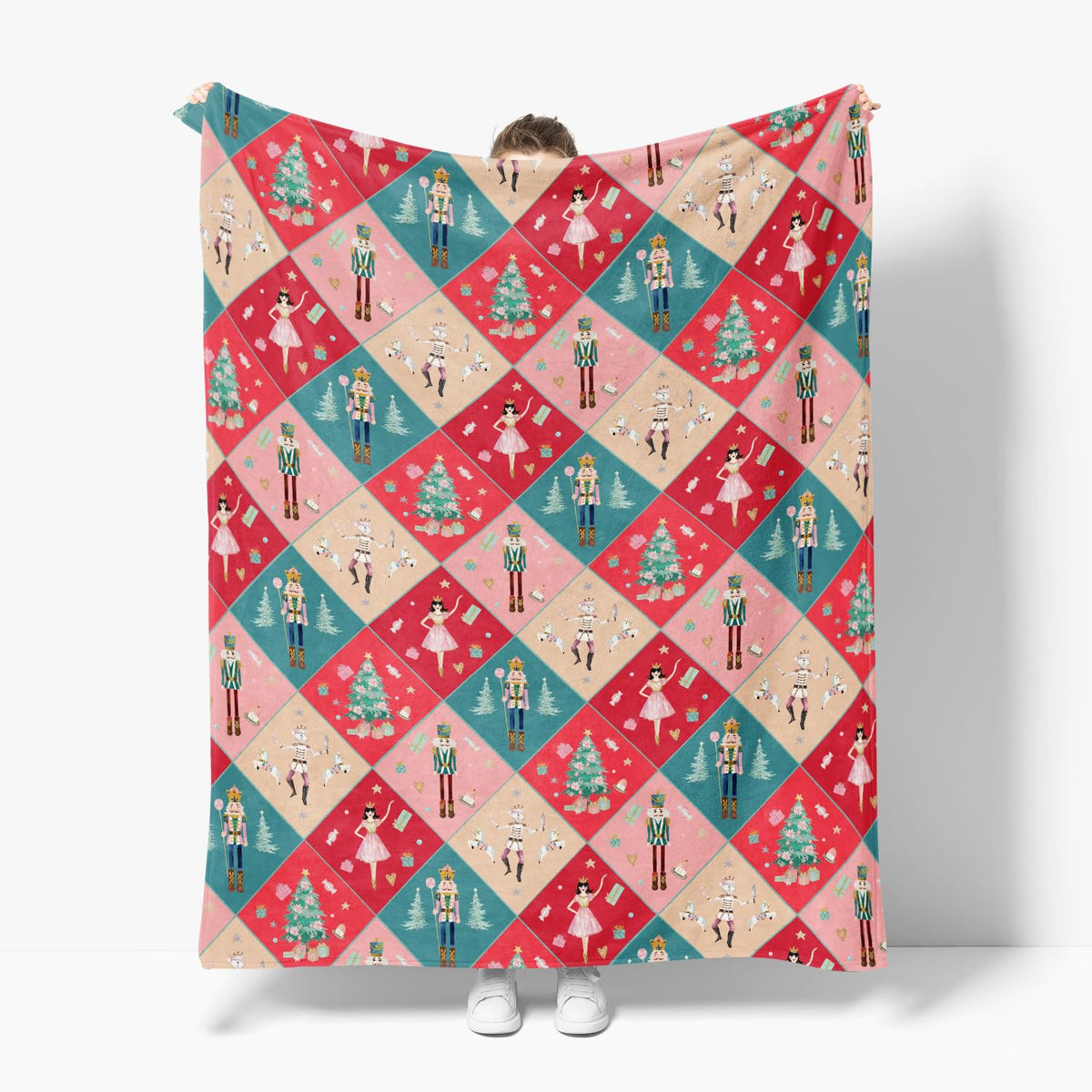 Christmas Flannel Blanket Throw, Nutcracker Pink Green Buffalo Plaid Soft Fuzzy Plush Cozy Fleece Blankets