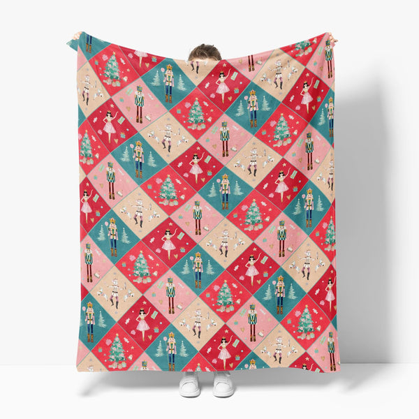 Christmas Flannel Blanket Throw, Nutcracker Pink Green Buffalo Plaid Soft Fuzzy Plush Cozy Fleece Blankets