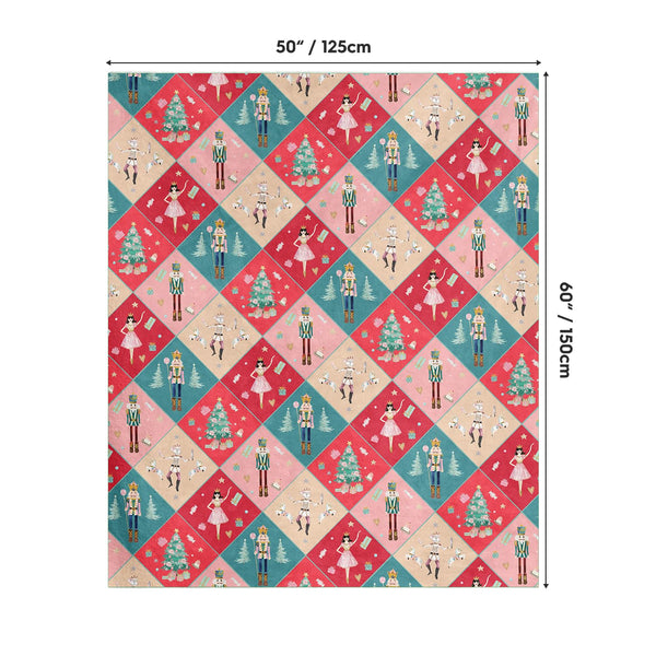 Christmas Flannel Blanket Throw, Nutcracker Pink Green Buffalo Plaid Soft Fuzzy Plush Cozy Fleece Blankets