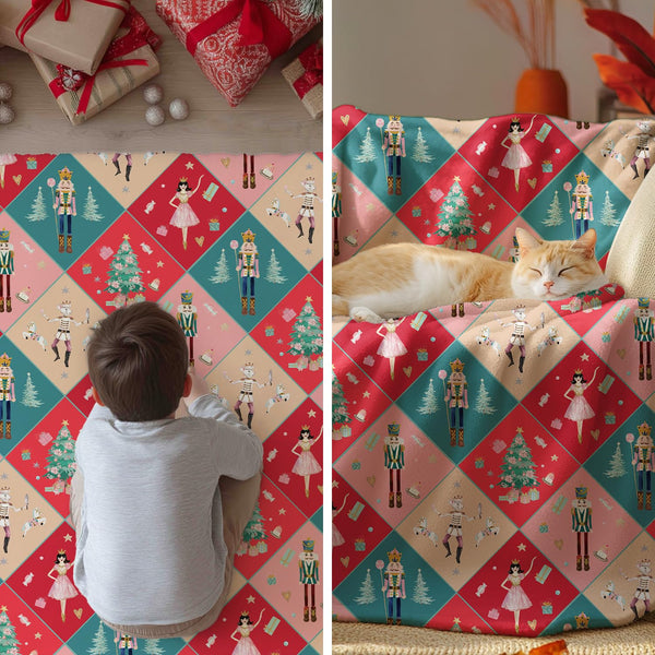 Christmas Flannel Blanket Throw, Nutcracker Pink Green Buffalo Plaid Soft Fuzzy Plush Cozy Fleece Blankets