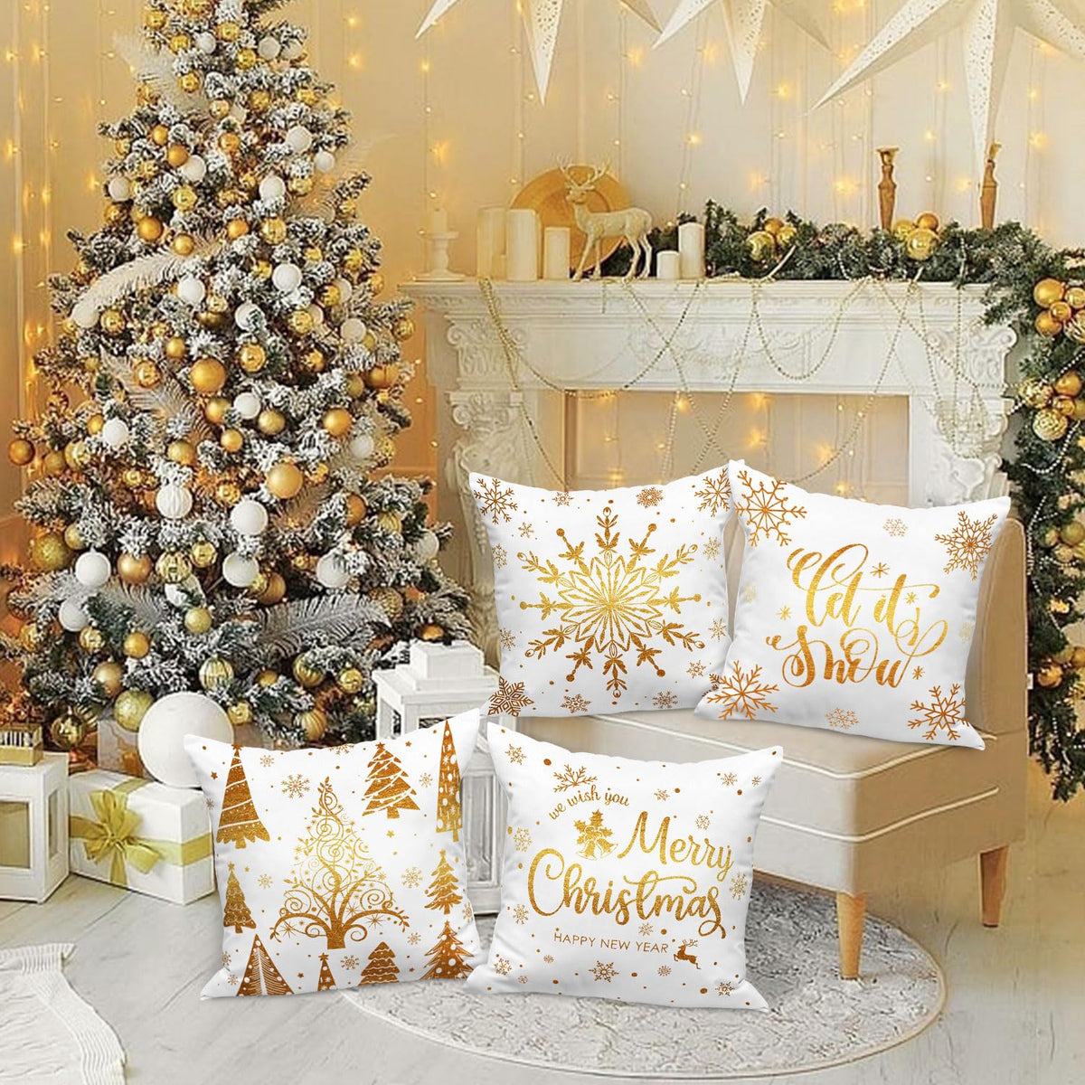 White and Gold Bronzing Christmas Throw Pillow Covers 18x18 Set of 4, 18 inch
