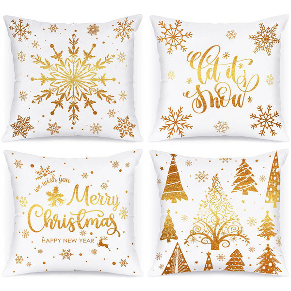 White and Gold Bronzing Christmas Throw Pillow Covers 18x18 Set of 4, 18 inch