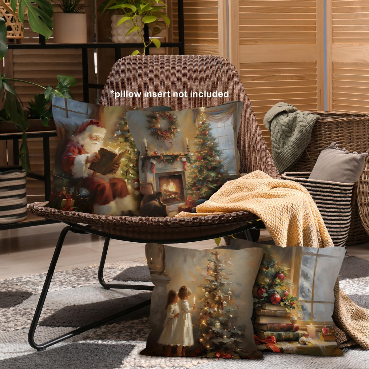 Vintage Christmas Tree Santa Claus Throw Pillow Covers 18x18 Set of 4