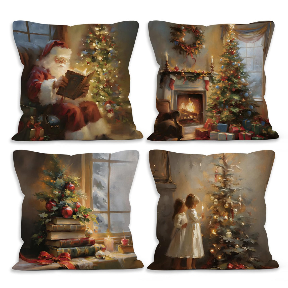 Vintage Christmas Tree Santa Claus Throw Pillow Covers 18x18 Set of 4