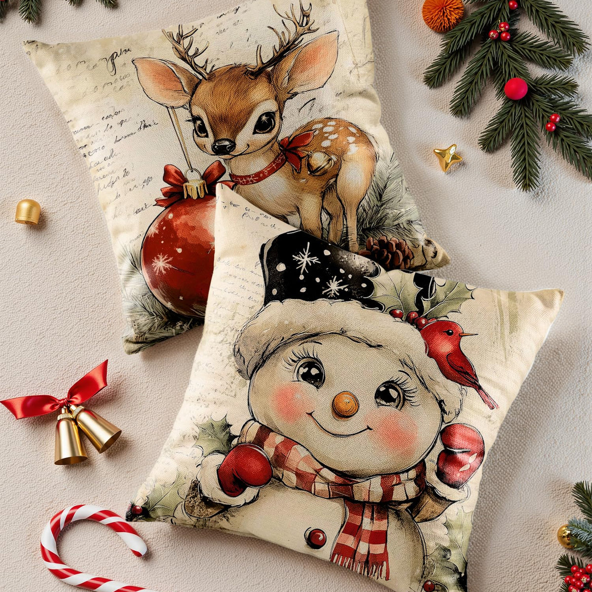 Christmas Throw Pillow Covers 18x18 Set of 4,Linen Pillow Cases Vintage Snowman Santa Deer