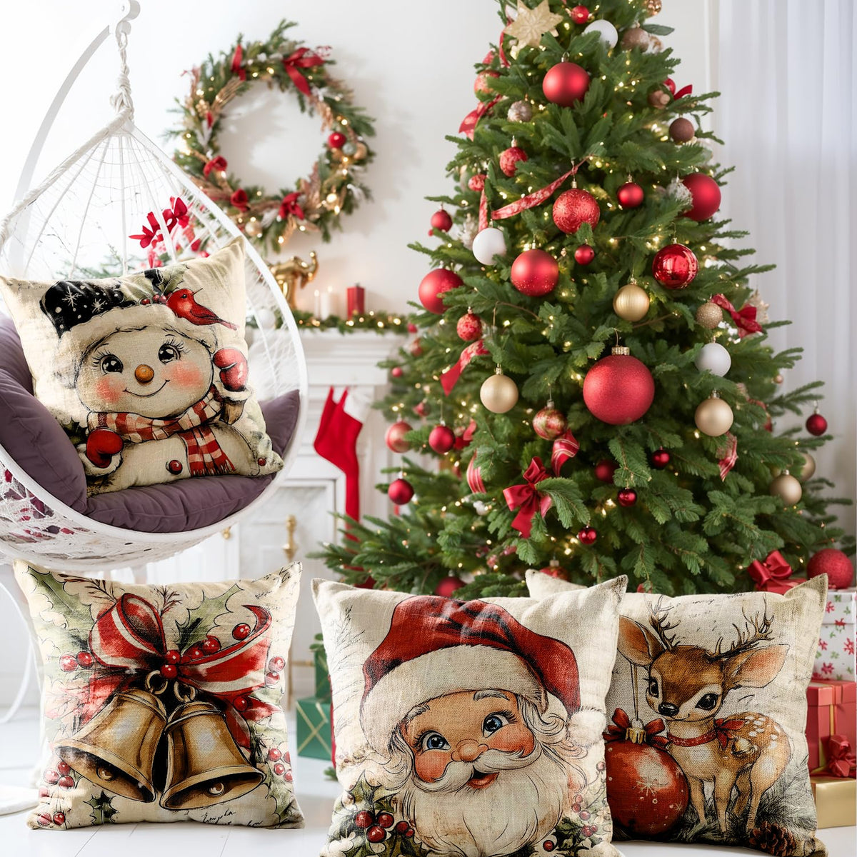 Christmas Throw Pillow Covers 18x18 Set of 4,Linen Pillow Cases Vintage Snowman Santa Deer