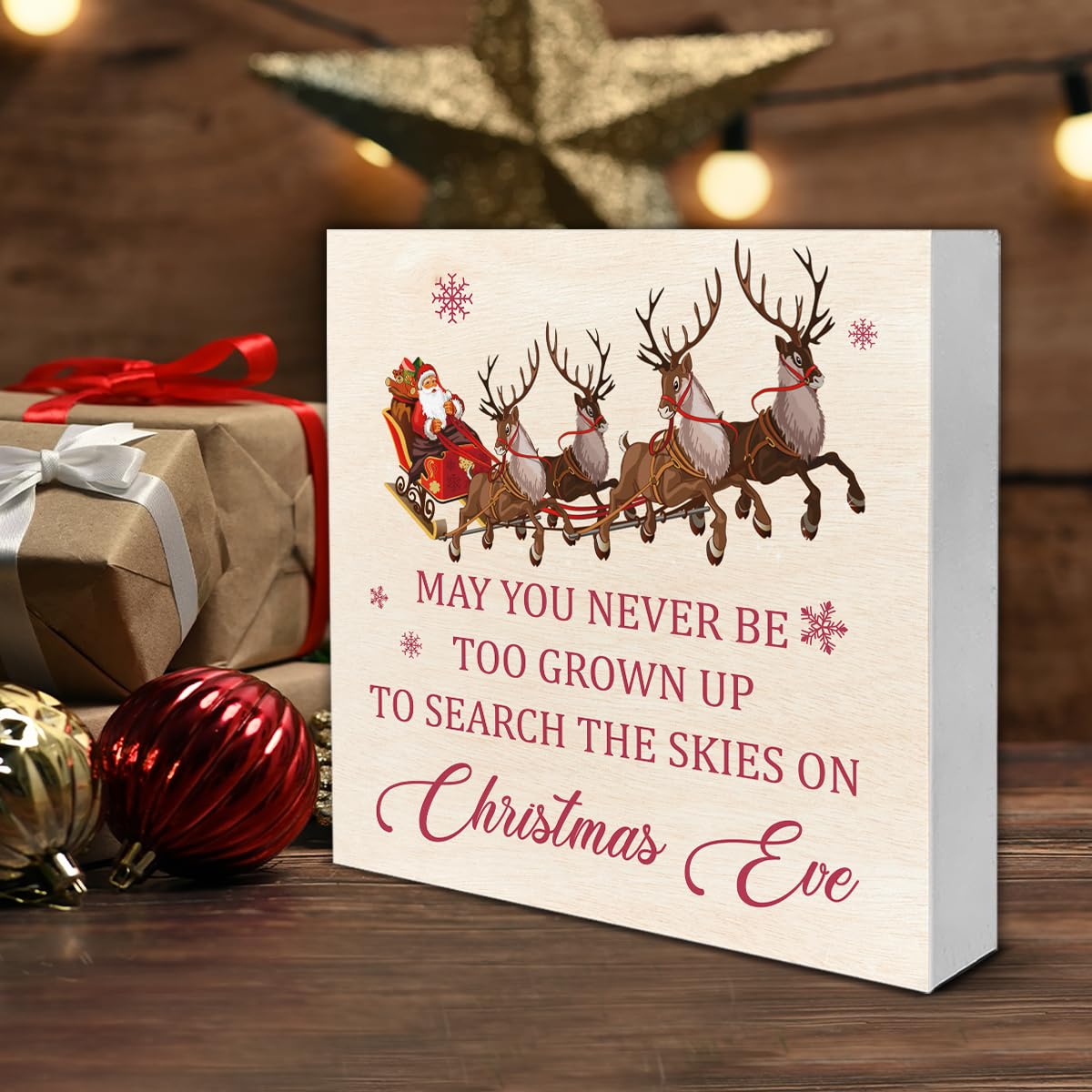 Santa Claus Reindeer Wooden Block Sign - Christmas Decor for Table or Shelf - 5 x 5 Inch