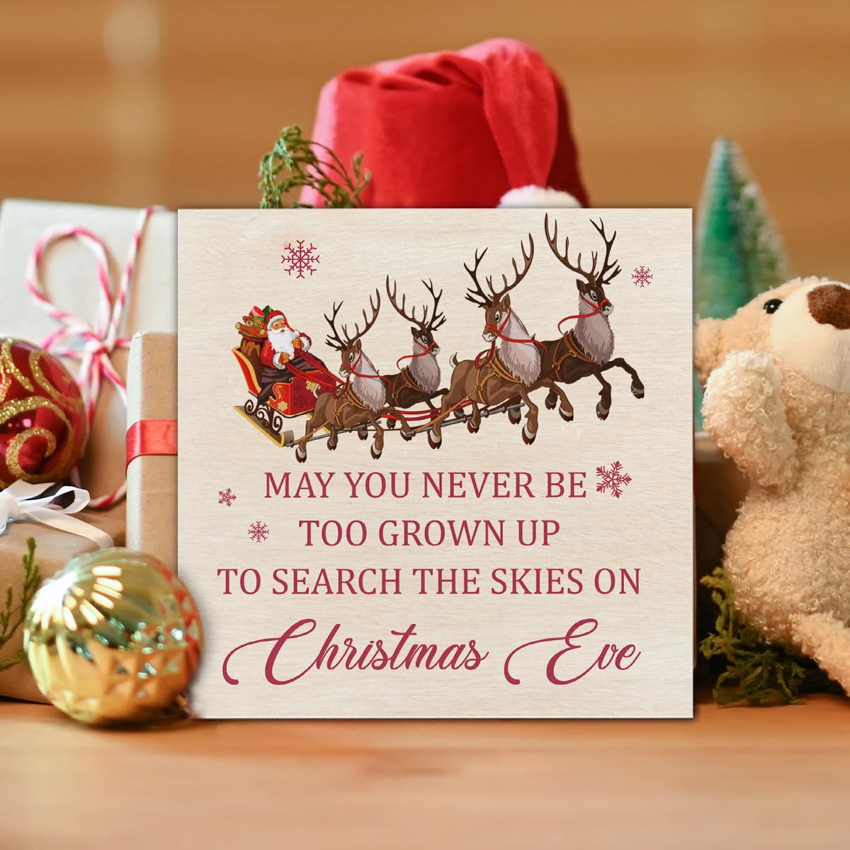 Santa Claus Reindeer Wooden Block Sign - Christmas Decor for Table or Shelf - 5 x 5 Inch