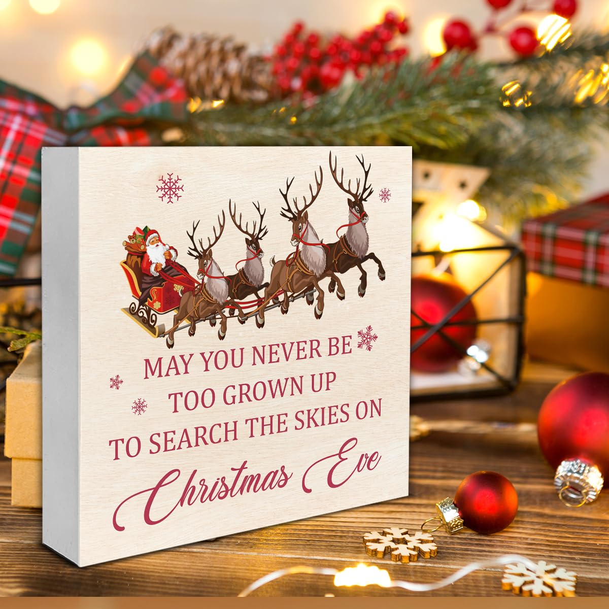 Santa Claus Reindeer Wooden Block Sign - Christmas Decor for Table or Shelf - 5 x 5 Inch