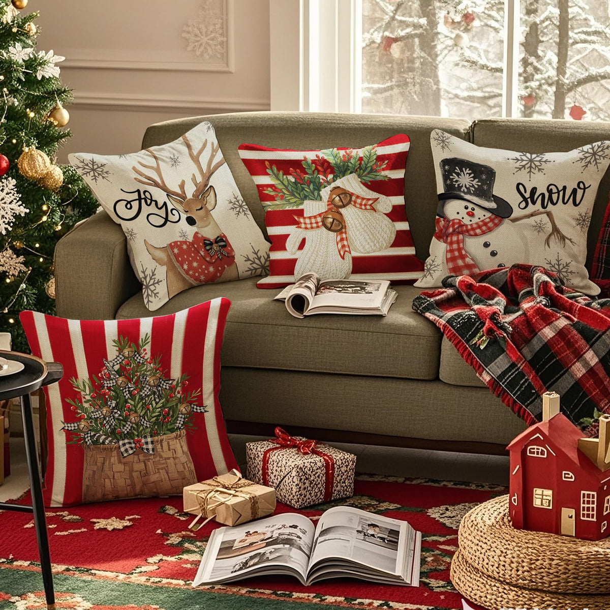 Christmas Pillow Covers 18x18 inch Set of 4, Christmas Decorations Cushion Covers, Xmas Pillow Covers